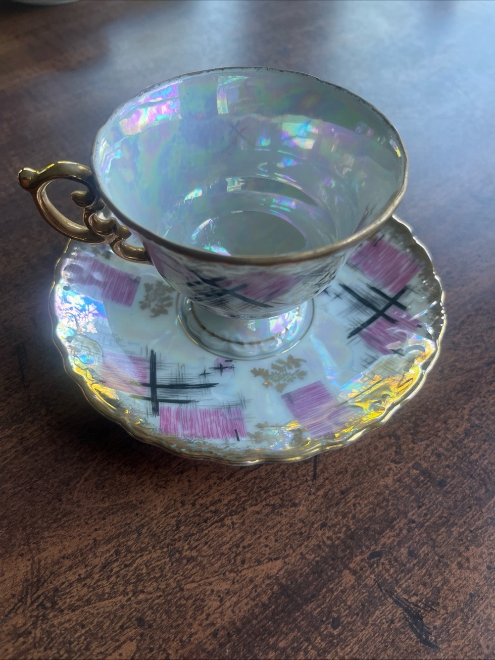 Vintage Royal Sealy Japan Lustreware Tea Cup & Saucer Atomic Pink Black Gold